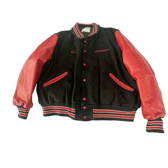 Vintage bomber Jacket DeLong Wool Sz 52 90s movie Backdraft 1991 Black Red Rare - Picture 7 of 12